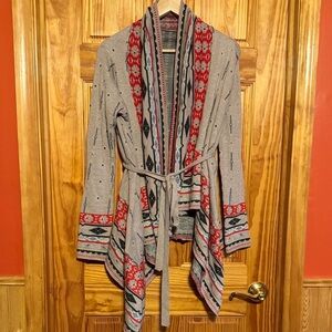 Freeway Tan  and Red Patterned Cardigan